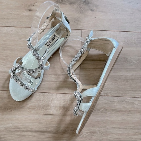 Badgley Mischka Metallic Silver Jeweled Flat Leather Carey Sandal - Picture 2 of 16